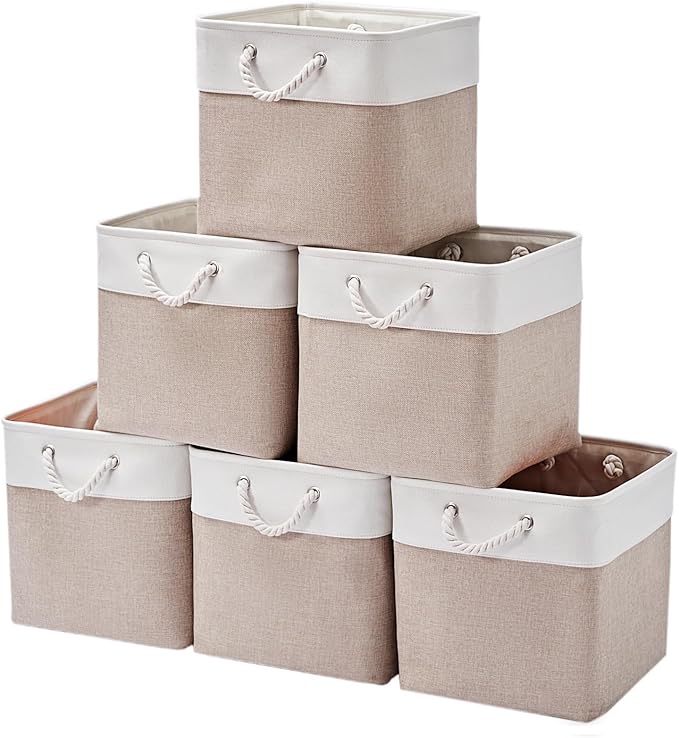 13 x 13 Inch Storage Cubes，6 Pack Cube Storage Bins for Shelves，Fabric Collapsible Storage Bins with Handles, Foldable Storage Basket for Organizing Clothes, Toys, Books (White&Beige) by ISEMINGLA