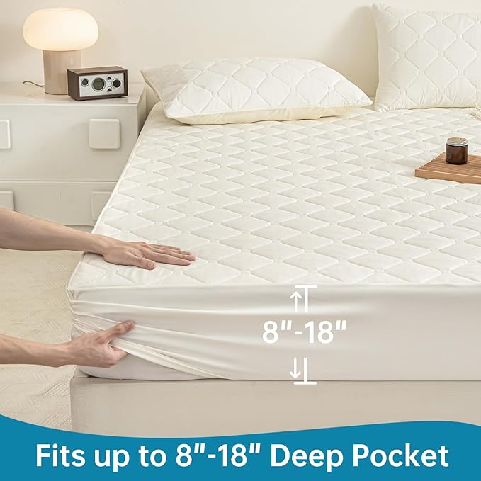 Waterproof Mattress Protector King, 18” Deep Pocket King Mattress Topper+2pcs Pillow Cases - Leakproof, Oeko-TEX Certified, Breathable & Noiseless,Machine Washable (Cream White)