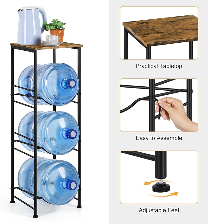 OYEAL 5 Gallon Water Bottle Jug Holder 3-Tier Water Bottle Holder Organizer with Top Shelf, Heavy Duty Water Dispenser Stand Rack for Kitchen Living Room Office, Rustic Brown - Image 3