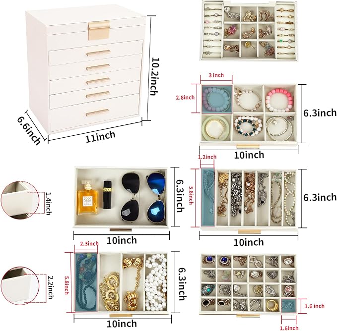 BOOVO Jewelry Boxes for Women, White and Black 6 Layer Large Jewelry Box for Necklace, Bracelet, Earrings, Rings Storage, Jewelry holder Organizer for Girls Gift (Champagne, 6 layer) - Image 4