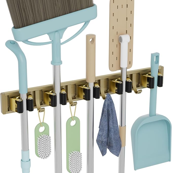 reliahom Broom Holder Wall Mount, 5 Racks with 4 Hooks Bronze - Mop Storage Tool Racks, Broom Hanger Tool Organizer for Garage, Kitchen, Garden, Laundry Room by reliahom