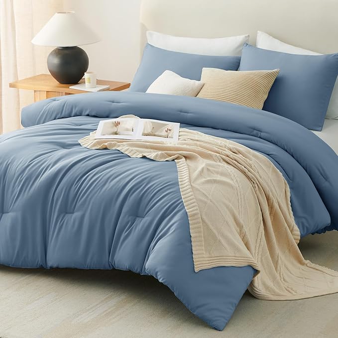 CozyLux Oversized King Comforter Set Grayish Blue, 3 Pieces 120x98 Solid Breathable Quilted Bedding Sets, Dusty Blue Luxury Soft Lightweight Bed Set with Down Alternative Comforter and 2 Pillowcases