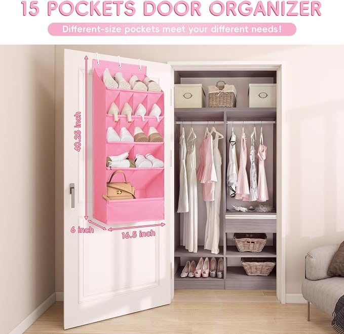 FENTEC 1 Pack Over-the-Door-Shoe-Organizers, Hanging Shoe Organizers with Large Pocket Shoe Holder Hanging Shoe Rack for Closet Shoes Organizer for Wall, Over Door Organizer with 15 Pockets Pink - Image 4