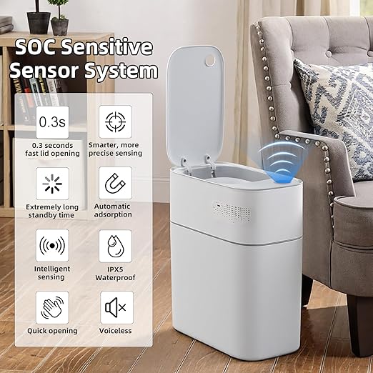 JUDRDO 3.5 Gallon Slim Automatic Trash Can for Bathroom,Touchless Diaper Trash Can with Trash Bag Auto-adsorption Technology,Motion Sensor Diaper Garbage Bins for Bedroom Office Kitchen Toilet - Image 4
