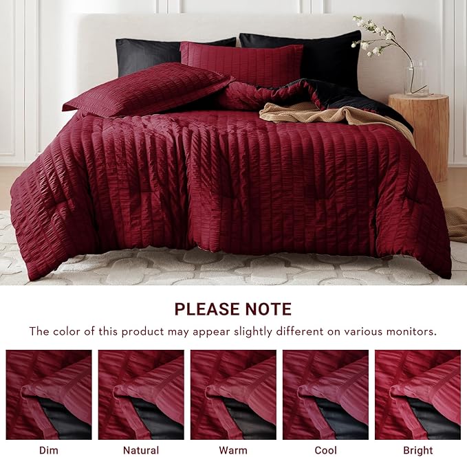 MUXHOMO 5 Pieces Twin XL Comforter Set, Seersucker Bed in a Bag Twin XL Size, All Season Luxury Bedding Set with Comforter, Flat Sheet, Fitted Sheet, Pillowcase & Sham, Red & Black