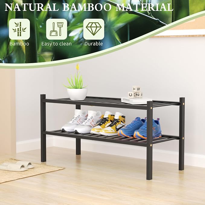 ROMGUAR CRAFT 2 Tier Bamboo Shoe Rack for Closet Free Standing Wood Shoe Shelf for Entryway Small Space Stackable 27"x11"x13" (Black) - Image 6