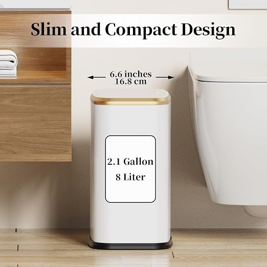 2.1 Gallon Bathroom Trash Can with Lid Press Top, 8 Liter Stainless Steel Garbage Can with Press Type Lid, Slim Trash Bin Waste Basket for Toilet, Office, Bedroom, Living Room (White) - Image 4