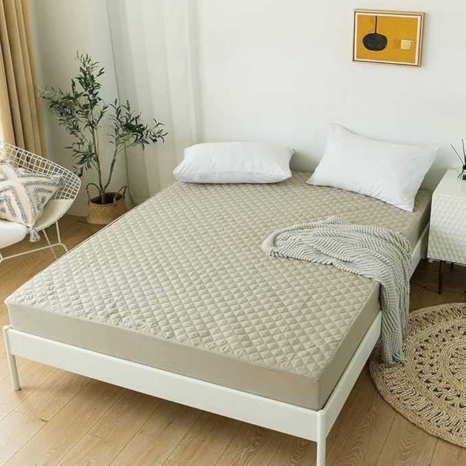vctops Quilted Fitted Sheet Waterproof Mattress Protector Pad Ultra Soft Elastic Fitted Deep Pocket Bed Cover (Khaki,King)
