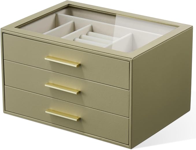 Jewelry Box Organizer Case for Women: 3-Layer Jewelry Storage Case with Glass Window, Olive Green Leather with Cream Velvet, Holder for Ring Necklace Bracelet Brooch Watch, Great Gift for Her by pickpiff