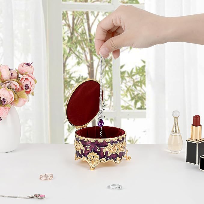 Hipiwe Vintage Jewelry Box Small Trinket Storage Organizer Box Gold Metal Chest Ring Case Treasure Chest Round Keepsake Boxes for Earrings Necklace Gift for Women,Purple - Image 7