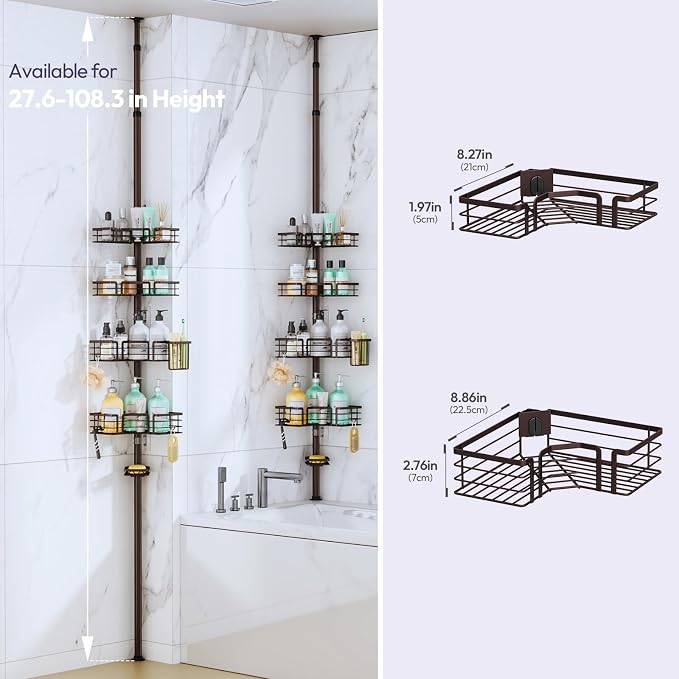 SWTYMIKI Shower Caddy Tension Pole - 4-Tier Corner Shower Organizer Tension Rod with Soap Holder, Toothbrush Holder & 4 Hooks, Adjustable Stainless Steel Bathroom Organizer 27.6 to 108.3 inch, Bronze - Image 8