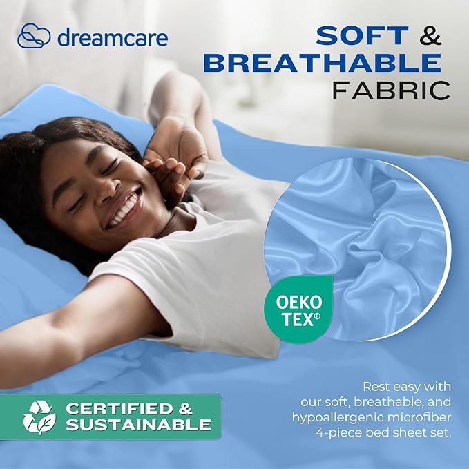 DREAMCARE Twin XL Sheet Sets - 4 pcs Breathable Cooling Bed Sheets - up to 15" Deep Pocket Twin XL Sheets Set with Side Pockets -Extra Soft 100% Brushed Hypoallergenic Hotel Luxury Bedding -Light Blue