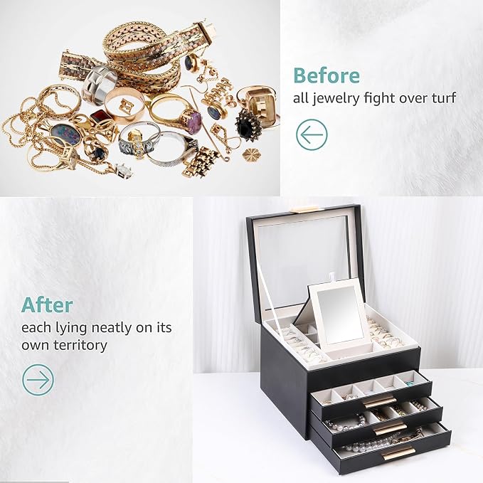 BOOVO Clear Lid Jewelry Box,4 Layers Jewelry Organizer Large Jewelry Storage Box with 3 Drawers,Jewelry Holder Organzier of Rings Earrings Necklace Bracelets for Women (Black, 4 Layer) - Image 7