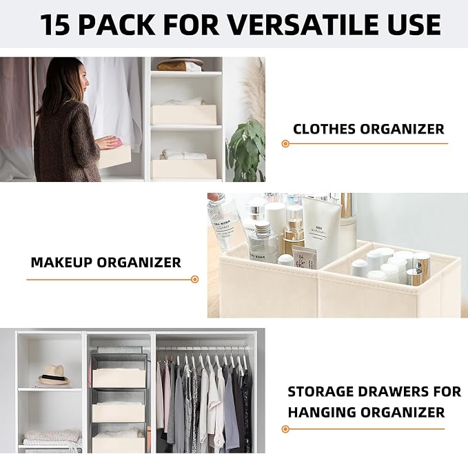 Criusia Closet Drawer Organizer Clothes, 15 Pack Dresser Organizer for Baby Clothes, Fabric Drawer Dividers for Nursery Bedroom (Beige) - Image 5
