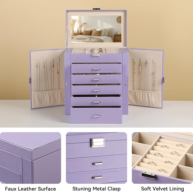Frebeauty Large Jewelry Box,6-Tier PU Leather Jewelry Organizer,Multi-functional Storage Case with Mirror,Accessories Holder with 5 Drawers for Necklace Bracelets Watches（Purple） - Image 4