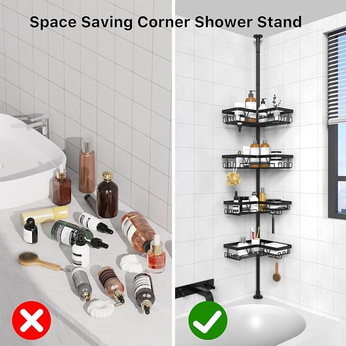 KEGII Corner Shower Caddy Tension Pole - Shower Tension Rod Organizer, Floor to Ceiling Shower Caddy 25-114.2 inch, Towel Rack Corner Waterproof, Black - Image 6