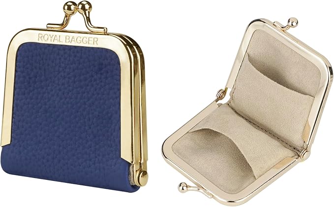 Royal Bagger Genuine Cow Leather Ultra-Slim Mini Jewelry Box, Ring & Necklace Storage, Slim Coin Purse with Kiss Lock for Women 3120 (Royal Blue) by ROYALBAGGER
