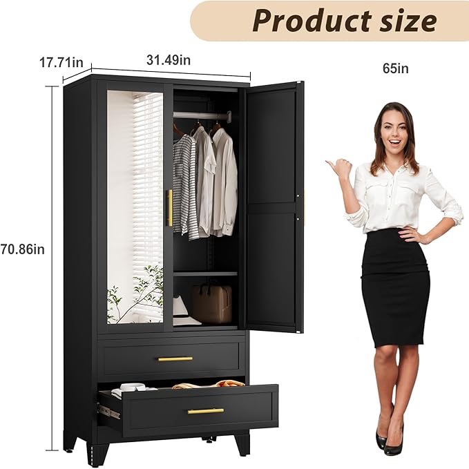Metal Wardrobe Storage Cabinet with Mirror and Hanging Rod,71'' Metal Clothing Cabinet with 2 Doors and 2 Adjustable Shelves for Bedroom, Laundry Room, Cloak Room (Black)
