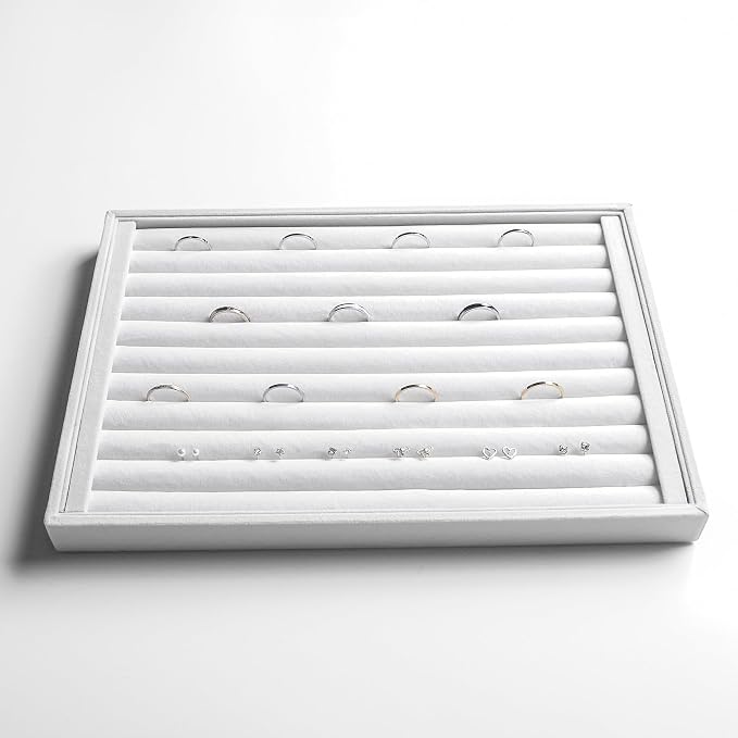 Frebeauty Stackable Velvet Jewelry Organizer Trays for Drawers Inserts Jewelry Storage Tray Display Case, Stud Earrings Bracelets Necklace Rings Accessories Trays for Women(Set of 4)(White) - Image 5
