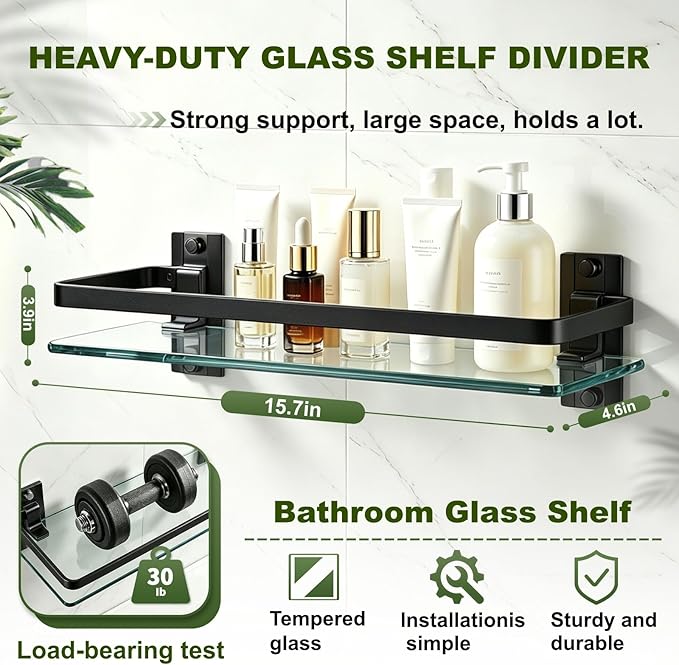 AIJALY 2 Pack Bathroom Glass Shelf, 15.7 Inches Black Bathroom Shower Glass Shelf Wall-Mounted, Metal Storage Floating Kitchen Shelf - Image 2