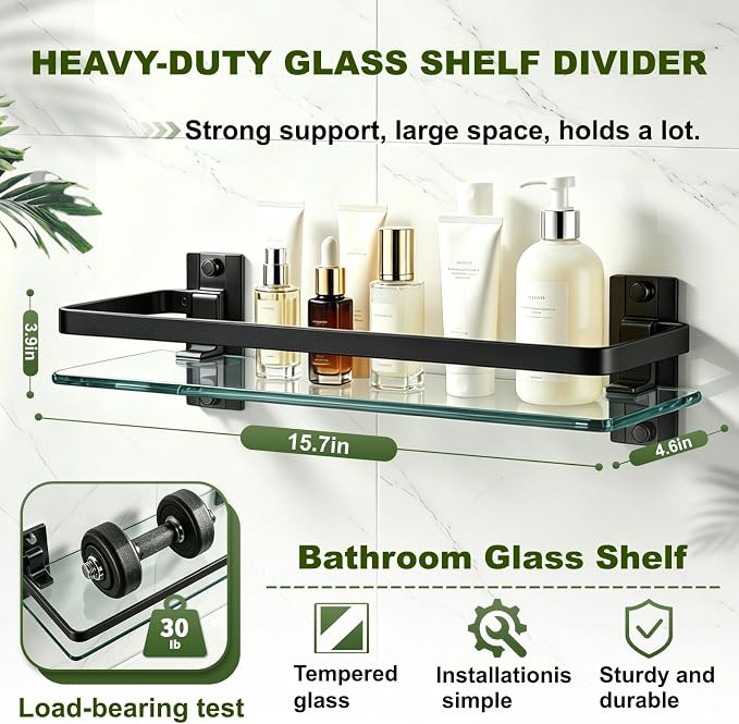 AIJALY 3 Pack Bathroom Glass Shelf,Aluminum Tempered Glass 0.3in Extra Thick Rectangular 1 Tier Storage Organizer Wall Mount,Black 15.7in - Image 2
