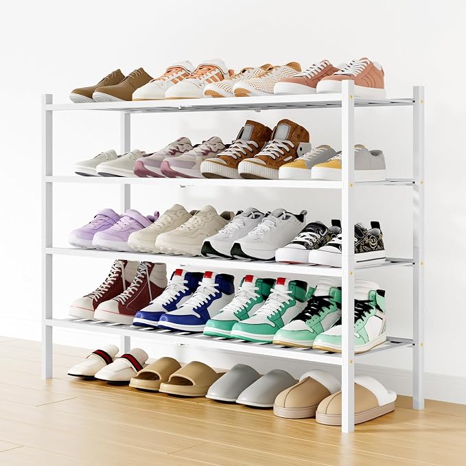 Smiry Shoe Rack, 4 Tier Long Bamboo Shoe Organizer, Stackable Free Standing Wooden Shoe Storage Shelf for Closet, Entryway, Front Door Entrance, White by Smiry