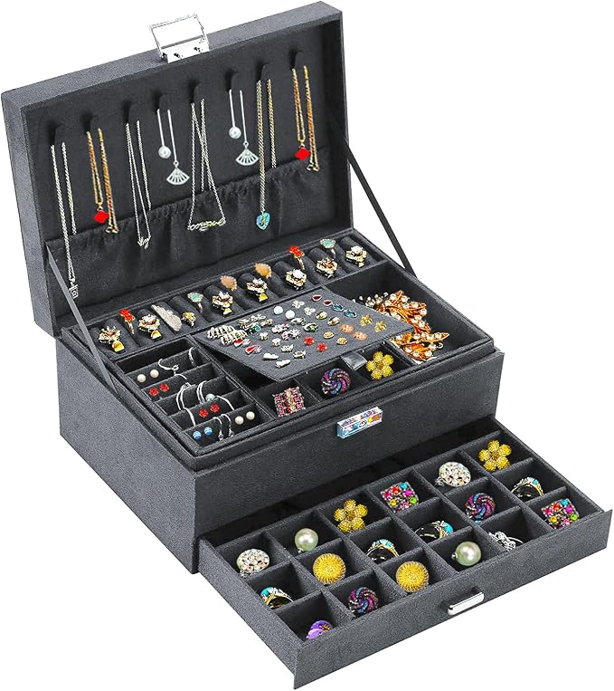 QBestry 3-Layer Jewelry Box for Women with Lock and Key & Drawer, Large Jewelry Organizer with 8 Necklace Hooks & 56 Earring Holes, Grey Velvet Jewelry Storage Box for Necklaces Earrings Ring Bracelet by QBestry