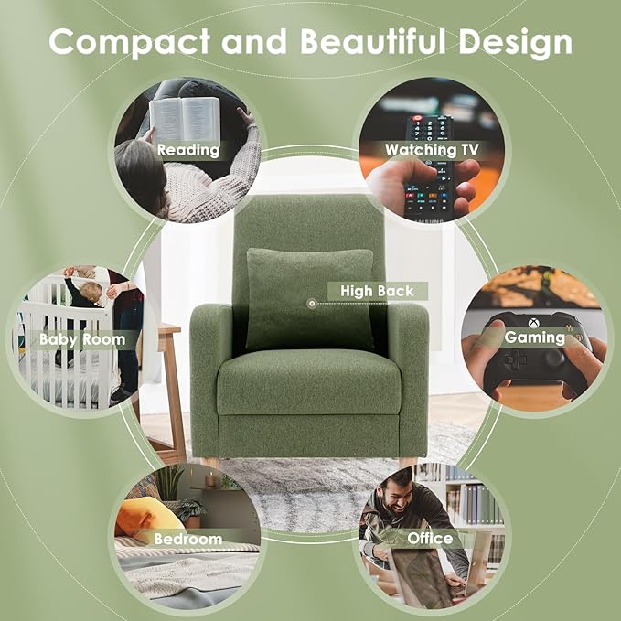 COLAMY Modern Upholstered Accent Chair Armchair with Pillow, Fabric Reading Living Room Side Chair,Single Sofa with Lounge Seat and Wood Legs, Green