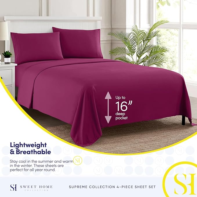 Queen Size Bed Sheets - Breathable Luxury Sheets with Full Elastic & Secure Corner Straps Built In - 1800 Supreme Collection Extra Soft Deep Pocket Bedding Set, Sheet Set, Queen, Berry