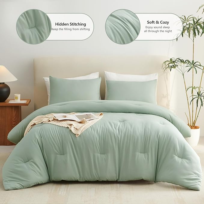CozyLux Sage Green Queen Comforter Set, 3 Pieces Solid Breathable Quilted Bedding Sets, Luxury Fluffy Soft Bed Set with Down Alternative Comforter for All Season (1 Comforter & 2 Pillowcases)
