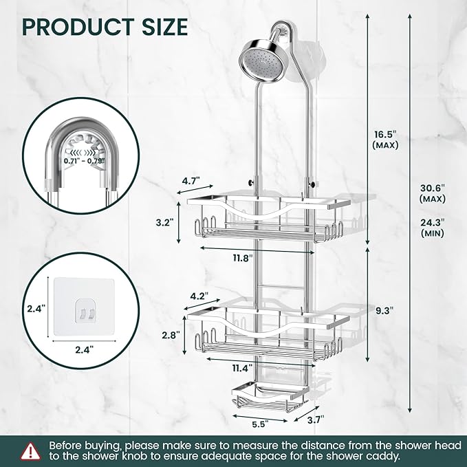 Shower Caddy Hanging Adjustable Shower Caddy, Rustproof Shower Organizer Extended Length Showers Caddy Over Shower Head with Hooks Soap Holder, Large Capacity Anti-Swing Bathroom Organizer, Silver - Image 6