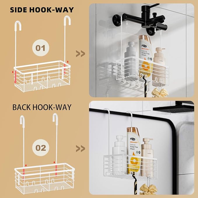 SHANSHUI Shower Caddy Hanging Bathroom Organizer Basket, Shampoo Bracket, Over Door Showers Caddy with Hooks, 304 Stainless Steel Rust Proof Rack- White - Image 3