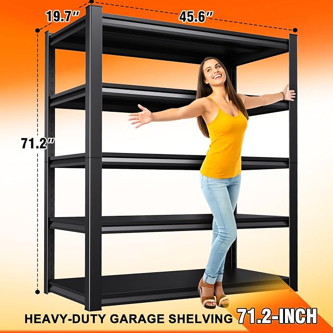2 Pack Storage Shelves,3000LBS Garage Shelving ,Adjustable Garage Shelves ,Heavy Duty Metal Shelving, 5 Tier Wood Utility Steel Shelf, Easy-to-install Shelving Units and Storage 71.2''x46''x19.7" - Image 2