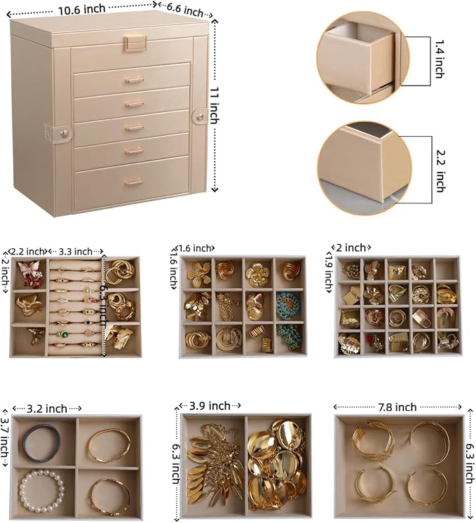 BOOVO Jewelry Box For women, 6 Layer Large Jewelry Organizer With Mirror, Multi-Function Storage Box With Lock, Necklace Holder With 5 Drawers, For Earrings Necklace Bracelet (Champagne Gold) - Image 4