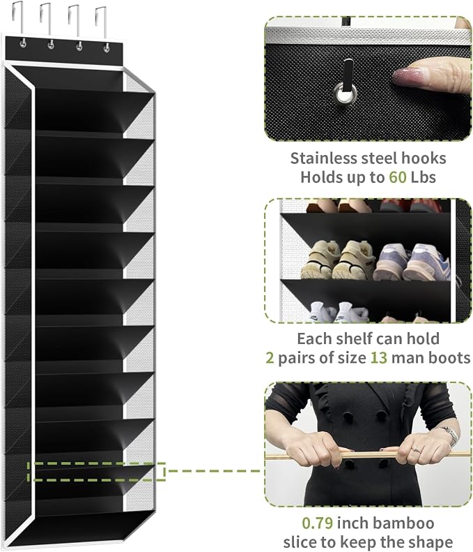 KEEPJOY 10 Tiers Mesh Over Door Shoe Organizer Storage, Hanging Shoe Holder for Door with Large Deep Pockets, Fit 20-30 Pairs Shoe Rack for Sneakers, Boots(Black) - Image 6