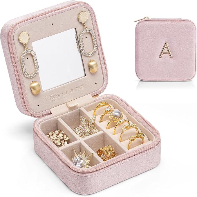 Vlando Small Travel Jewelry Box Organizer Display Case for Rings Earrings Necklaces Storage, Selected Soft Velvet, Letter A Engraved, Pink by VLANDO
