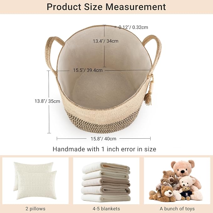 Mkono Woven Storage Basket Decorative Rope Basket Wooden Bead Decoration for Blankets,Toys,Clothes,Shoes,Plant Organizer Bin with Handles Living Room Home Decor, Yellow and Black, 16" W × 13.8" - Image 7