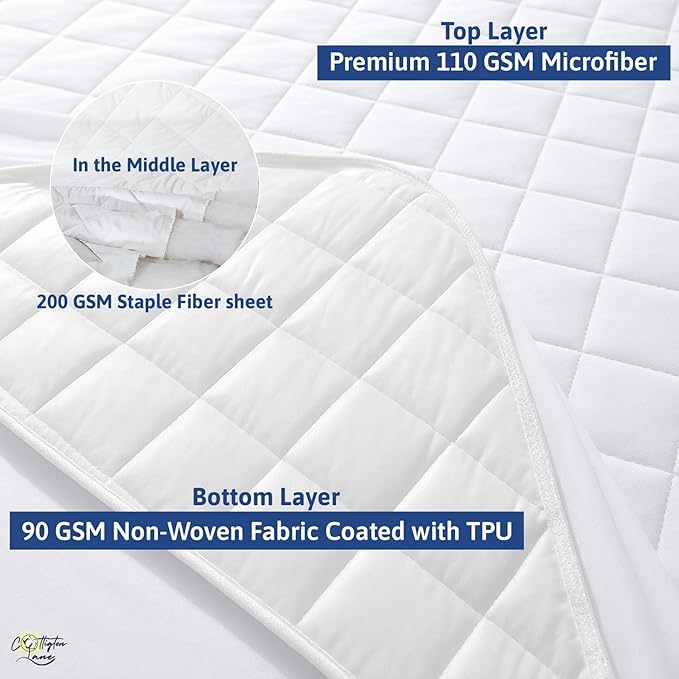 Cottington Lane 400 GSM Queen Size Waterproof Quilted Mattress Pad Protector, Soft Microfiber Mattress Topper Cover with TPU Backing, Deep Pocket Fits up to 21 Inch Mattresses, White