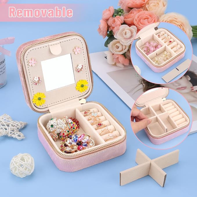 DesignSter Travel Jewelry Box - Velvet Mini Jewelry Organizer, Small Jewelry Case for Girls Women, Jewelry Storage Box for Rings Earrings Necklace (Square, Lotus Pink) - Image 3