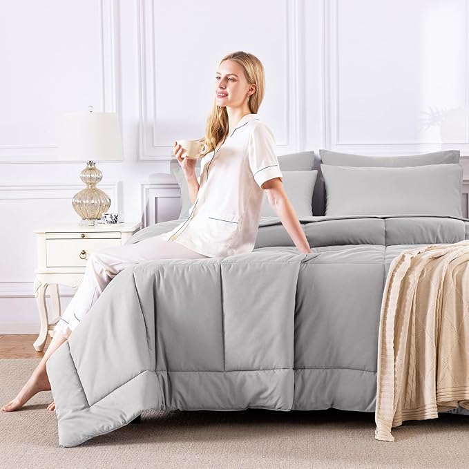 CozyLux King Size Comforter Set French Grey, 7 Pieces Bed in a Bag, Gray Comforter King Size, All Season Bedding Sets with Stitch Quilted Comforter, Flat Sheet, Fitted Sheet, Pillowcases