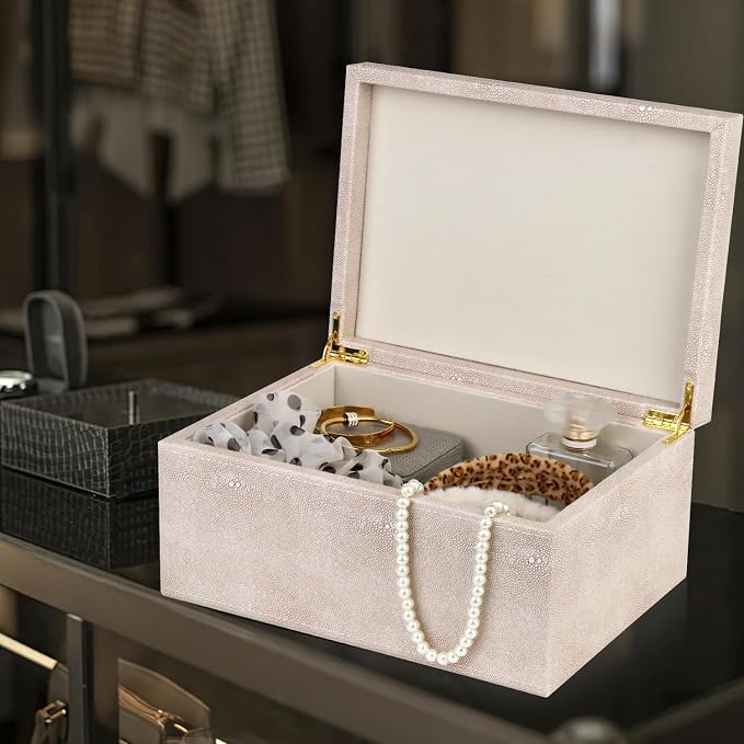 HofferRuffer Faux Leather Decorative Box, Large Wooden Structure Keepsake Box Accessory Organizer Jewelry Organizer with Hinged Lid, Storage Container for Home or Office (LightGrey Shagreen) - Image 4