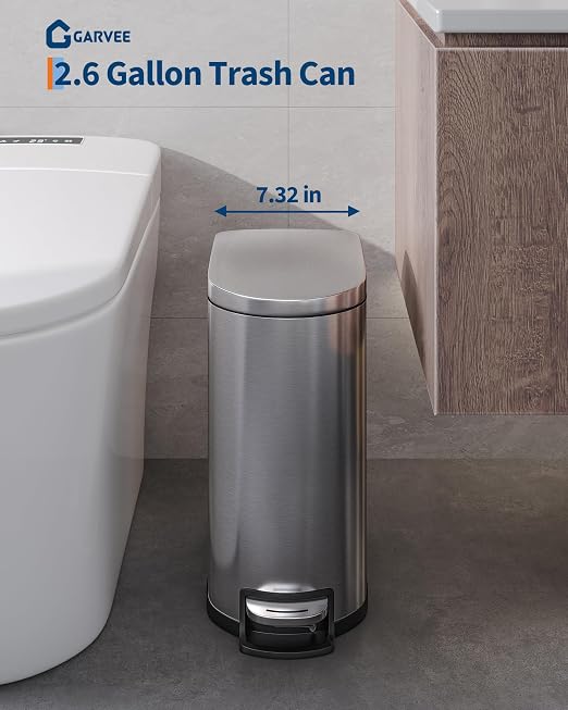Garvee 13 gal (50 L) and 2.6 gal (10 L) Stainless Steel Trash Can Combo Set, Rustproof Garbage Can with Lid for Kitchen and Bathroom, Step-on Trash Bin with Inner Bucket, Rear Handle, Silver - Image 3