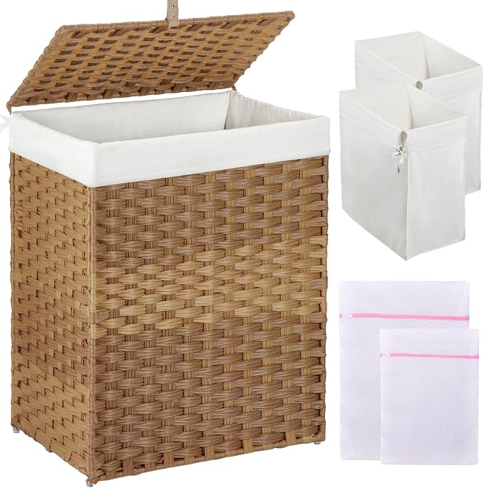 GREENSTELL Laundry Hamper with Lid, 90L Clothes Hamper with 2 Removable Liner Bags & 2 Mesh Laundry Bags, Handwoven Synthetic Rattan Laundry Basket for Clothes, Toys in Bathroom, Bedroom Natural by Greenstell