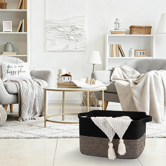 OIAHOMY Woven Storage Basket for Shelves, Rectangle Cotton Rope Baskets for Organizing, 16 x 12 x 10 in, Storage Bins for Dog Toys,Towel,Books,Gift,Black and Brown - Image 4