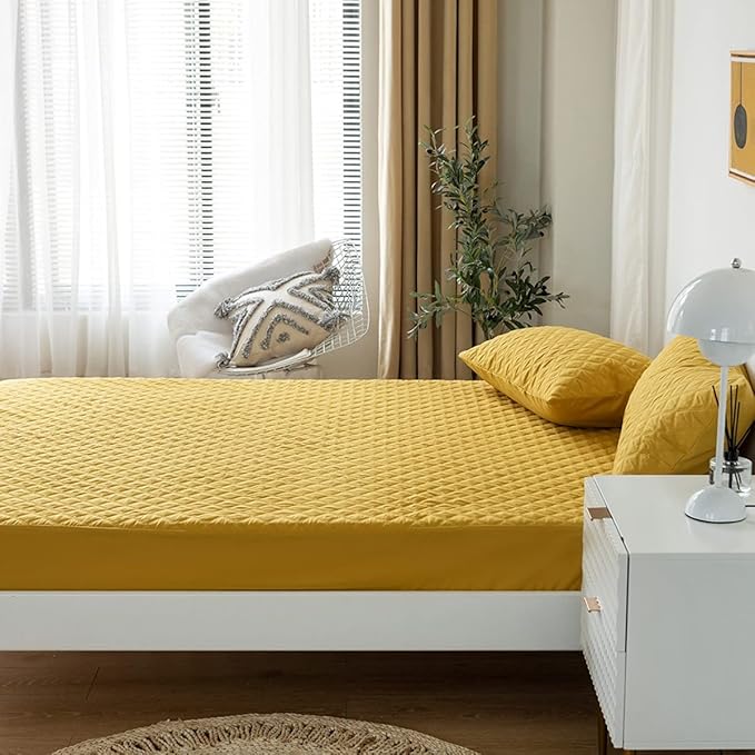 jejeloiu Yellow Quilted Mattress Pad, 100% Waterproof Breathable Full Bedding Fitted Sheet Mattress Protector 14" Deep Pocket Cotton Snow Down Alternative Filling Mattress Cover (Full,Yellow)