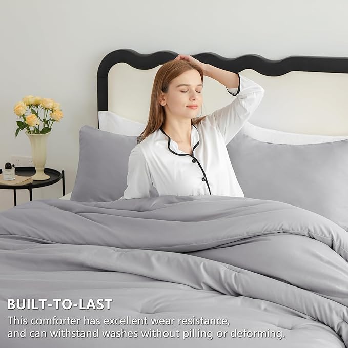 CozyLux Full Size Comforter Set Grey, 3 Pieces Solid Breathable Quilted Bedding Sets, Gray Luxury Lightweight Soft Bed Set with Down Alternative Comforter and 2 Pillowcases for All Seasons