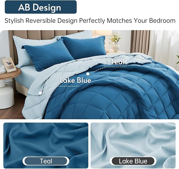 MUXHOMO 5 Pieces Twin XL Comforter Set, Reversible Bed in a Bag Twin XL Size, All Season Bedding Set with Comforter, Flat Sheet, Fitted Sheet, Pillowcases & Shams, Teal & Lake Blue