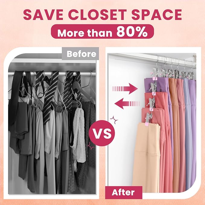 50 Pack Pants Hangers with Clip,Legging Organizer for Closet Hanging, Space Saving Yoga Pants Hangers Clip Hanger Wardrobe Organization,Closet Organizers and Storage for Jeans,Shorts,Skirts,Hats-Pink - Image 3
