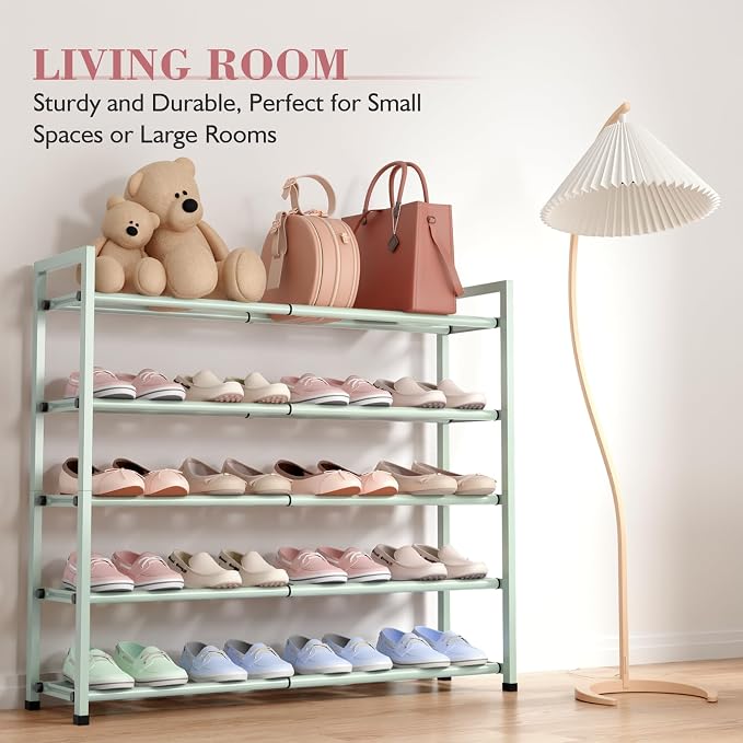 Bumusty 5-Tier Expandable Shoe Rack for Closet, 18“-33” Adjustable Shoe Rack for Small Space, Small Shoe Organizer for Front Door, Sturdy Metal,Green - Image 5