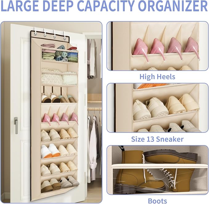 FENTEC 1 Pack Over The Door Shoe Organizer, 68" Exlarge Deep Pockets Hanging Shoe Organizers, 8-Tier Shoe Rack for Closet, Shoe Holder for Boots,Over Door Organizer in Home, RV, Dorm, Beige - Image 2